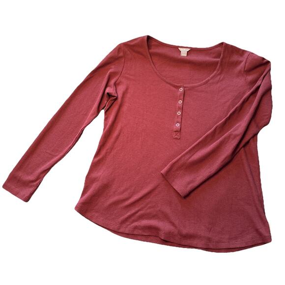 EDDIE BAUER Waffle Knit Burgundy Snap Long Sleeve Thermal Top Women’s Large - Picture 1 of 7
